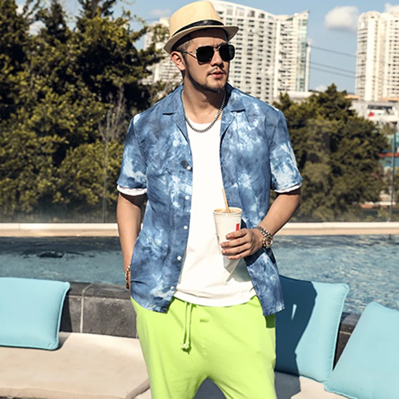 Летняя мужская рубашка с коротким рукавом и принтом в пляжном стиле