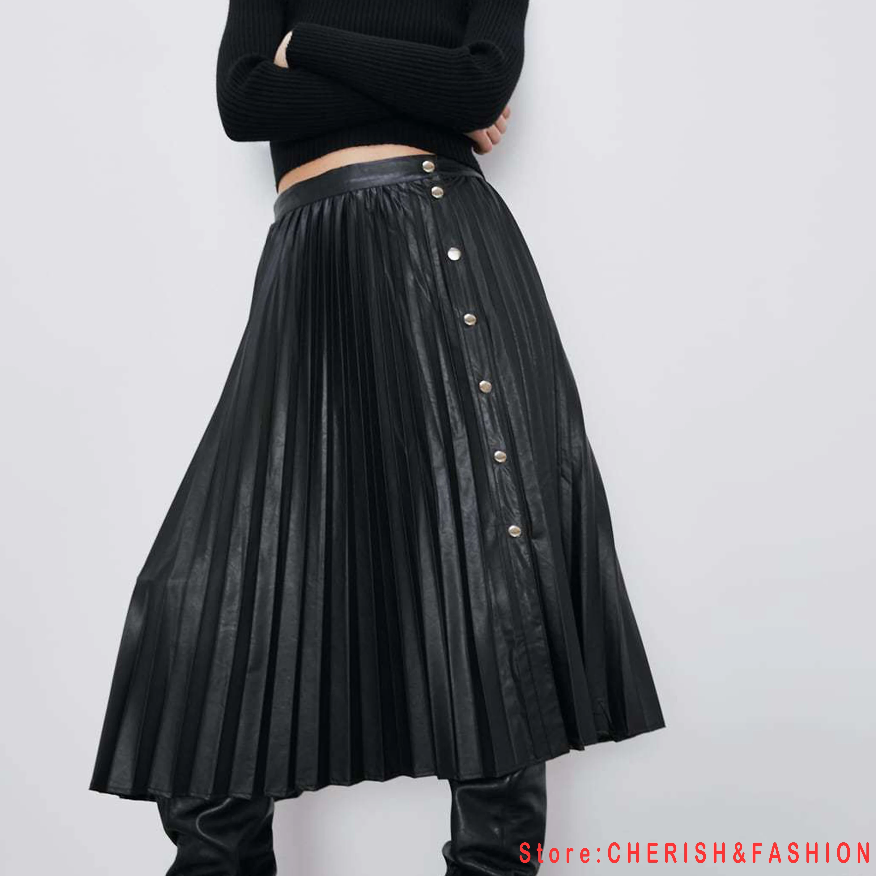 Женская кожаная плиссированная юбка элегантная с высокой талией Новое