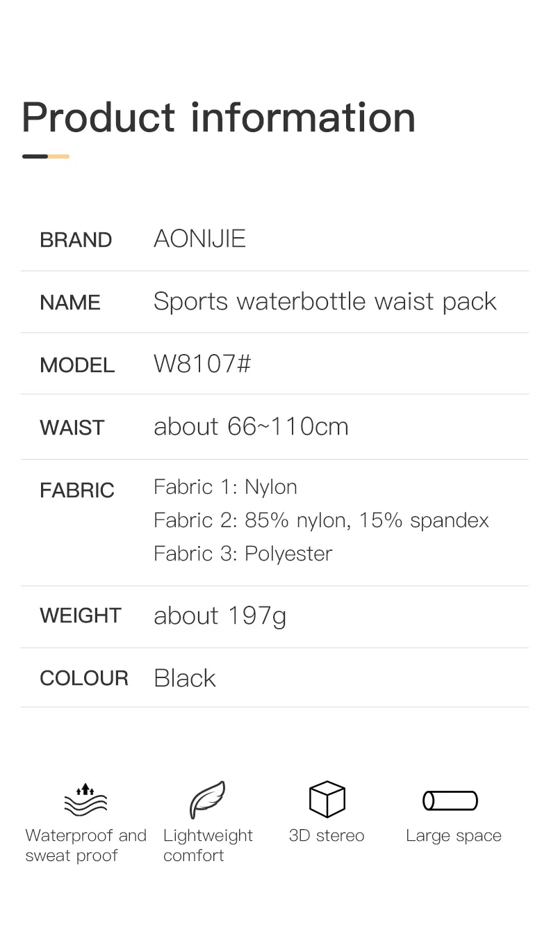 AONIJIE W8107 Newest Outdoor Sports Waterproof Waist Bag Belt Hydration Fanny Pack Bag for Running Jogging Fitness Gym 197g