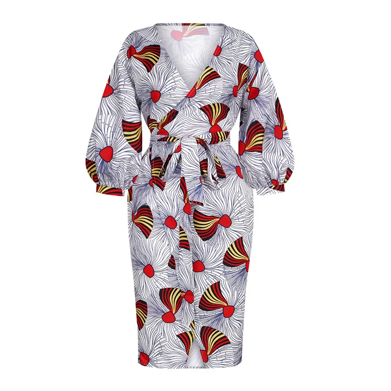 

African Floral Print Casual Dress Women V Neck Lantern Sleeve Dress Dashiki Traditional Costume Party African Dresses for Women
