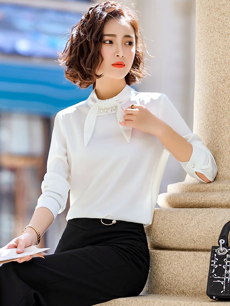 Блузки рубашки с длинным рукавом весенняя одежда воротник стойка Украшение