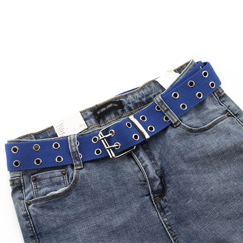 Fashion Canvas Belts Casual Double Hollow Hole Buckle Belt Adjustable Solid Color Waist Strap For Women Men Students Jeans | Аксессуары