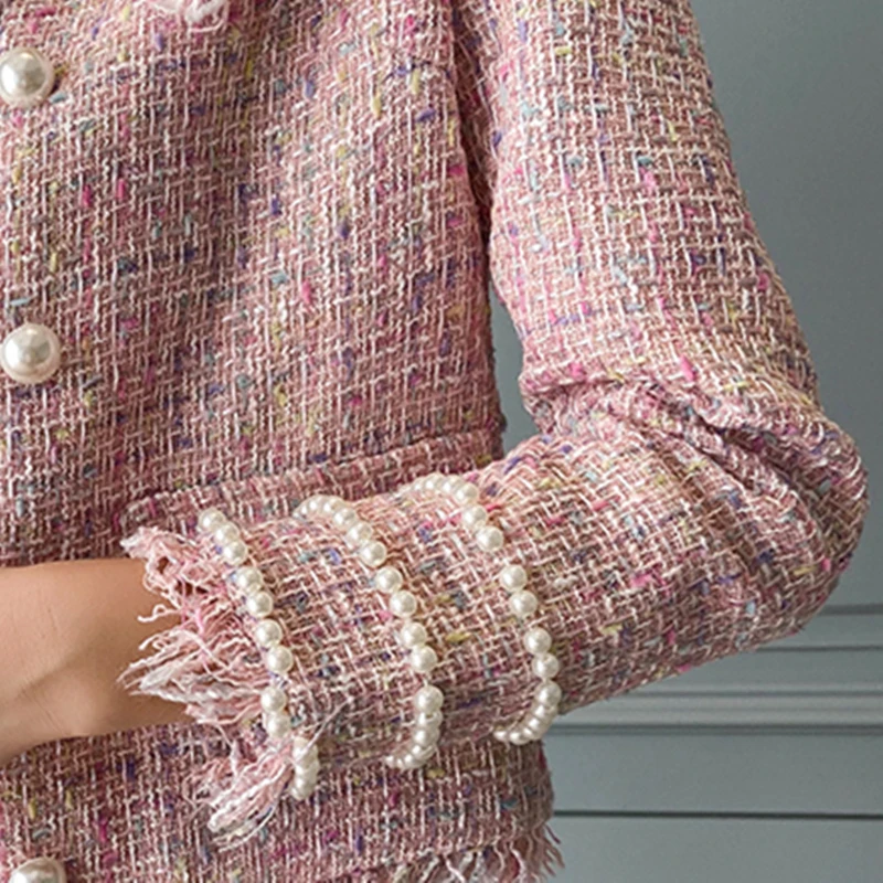 

Elegant Ladies 2020 Autumn Two Piece Outfits Set Women Plaid Tassel Short PinkCoat+Pearl Mini Skirt Korean Skirt Sets OL Femme