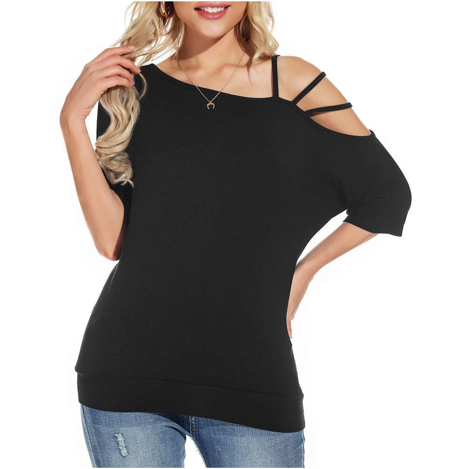 

Solid Color Tops Women T-shirt Summer New Loose Off Shoulder Tops Women Loose Casual Blouse T-shirt#35