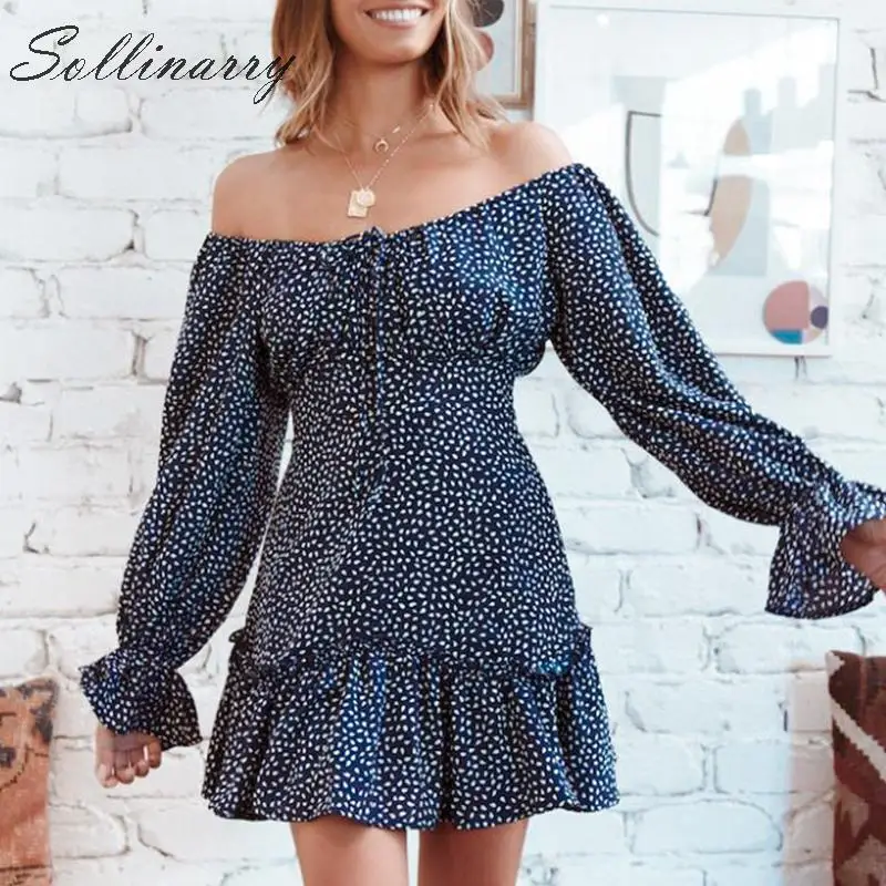 Sollinarry Print Vintage Short Dress Women Off Shoulder Autumn Sexy Female Long Sleeves Winter Ruffles Elegant Dresses | Женская одежда