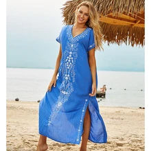 New Cover-up Beach Maxi Dress 2021 Robe de Plage Embroidery Beach Cover Up Sarong Women Beach Pareo Tunic for Beach Swimwear