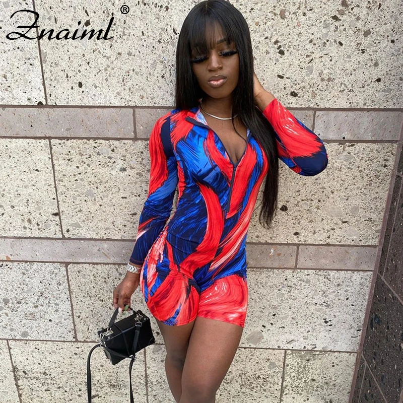 

Znaiml Summer Red Print Playsuits Women Streetwear Bodycon Romper One Piece Outfits Zipper Long Sleeve Skinny Short Jumpsuit