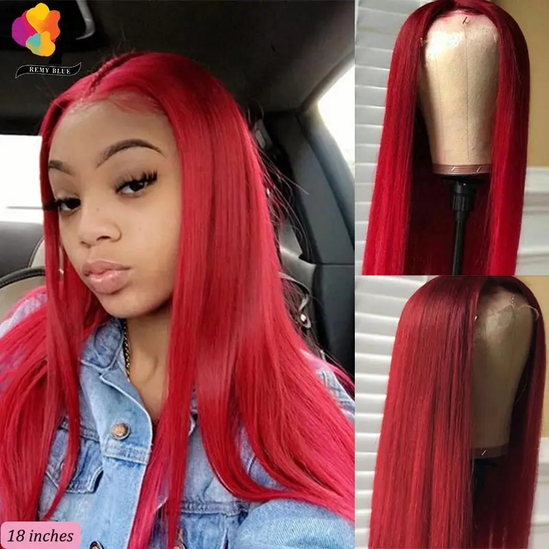Красный парик 13*1 из человеческих волос на сетке спереди для женщин прямой