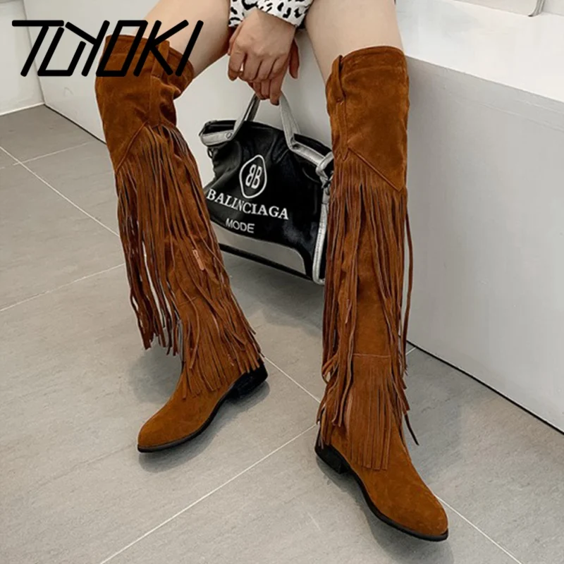 

Tuyoki Warm Thigh High Boots Fashion Tassel Winter Flats Botas Female Casual Add Fur Over Knee Woman'S Shoes Size 32-43