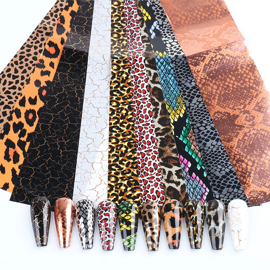 

10pcs Nail Foils Transfer Stickers Leopard Printed Snake Wild Animal Gold Nail Art Wraps Decals Slider Design Decorations TR2023