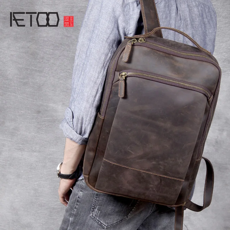 AETOO Vintage crazy horse leather shoulder bag, handmade genuine  leather backpack large men's leather computer travel backpack