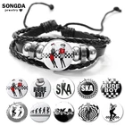 SONGDA грубым мальчик грубые девочка SKA кожаные браслеты черный, белый цвет контрастный рисунок стеклянный купол браслет со значком музыка в стиле панк для мужчин ювелирные изделия