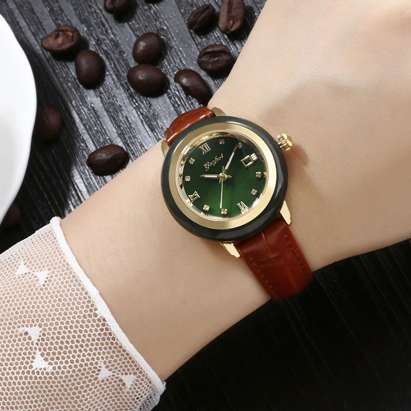 

Часы наручные женские с нефритовым механизмом, водонепроницаемые, с коричневым кожаным ремешком и внешним кольцом