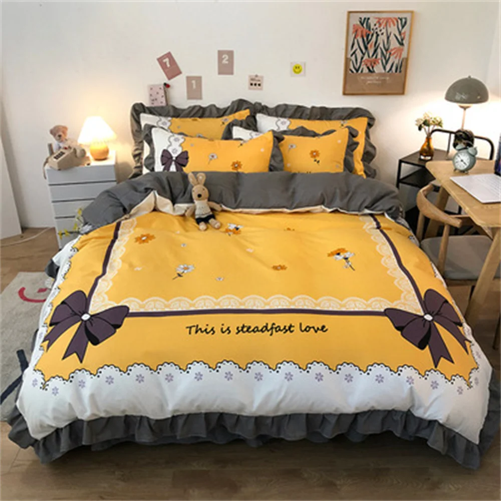 

Girl Heart Korean Style Bedding Set 4pcs Princess Wind Bed Skirt Thick Sanding Set Duvet Cover Linen Bed Sheet and Pillowcase
