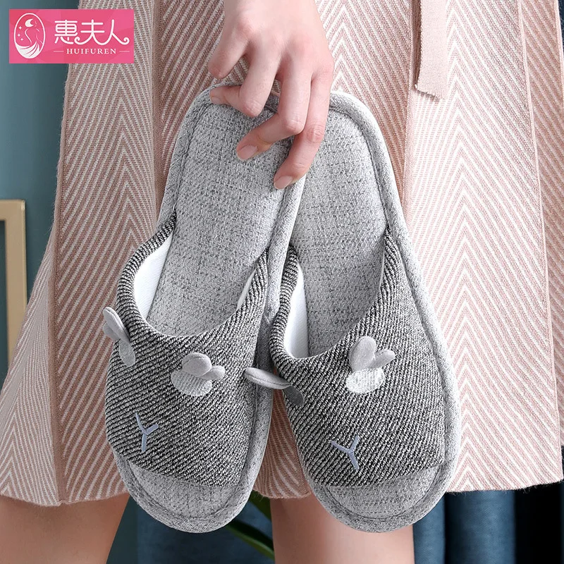 Women Cotton Linen Slippers Cartoon Style Open Toe Lovers Indoor Mute Slipper Anti-slip Femlae Autumn Shoes Fashion Slides SH458