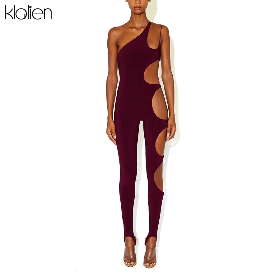 

KLALIEN Fashion Sexy Hollow Out Sleeveless One Shoulder Female Jumpsuit Summer 2021 New Casual Streetwear Skinny Stretch Romper