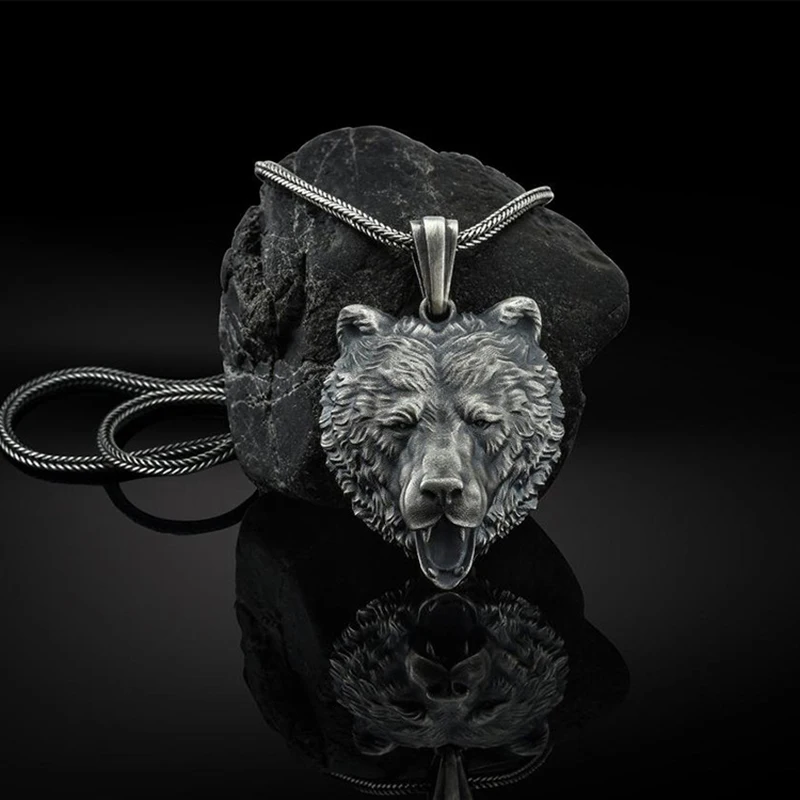 

Animal Zodiac Brown Bear Head Pendant Necklace fashion Retro Hip Hop Men's Chain Necklace Punk Pendant Jewelry on the Neck