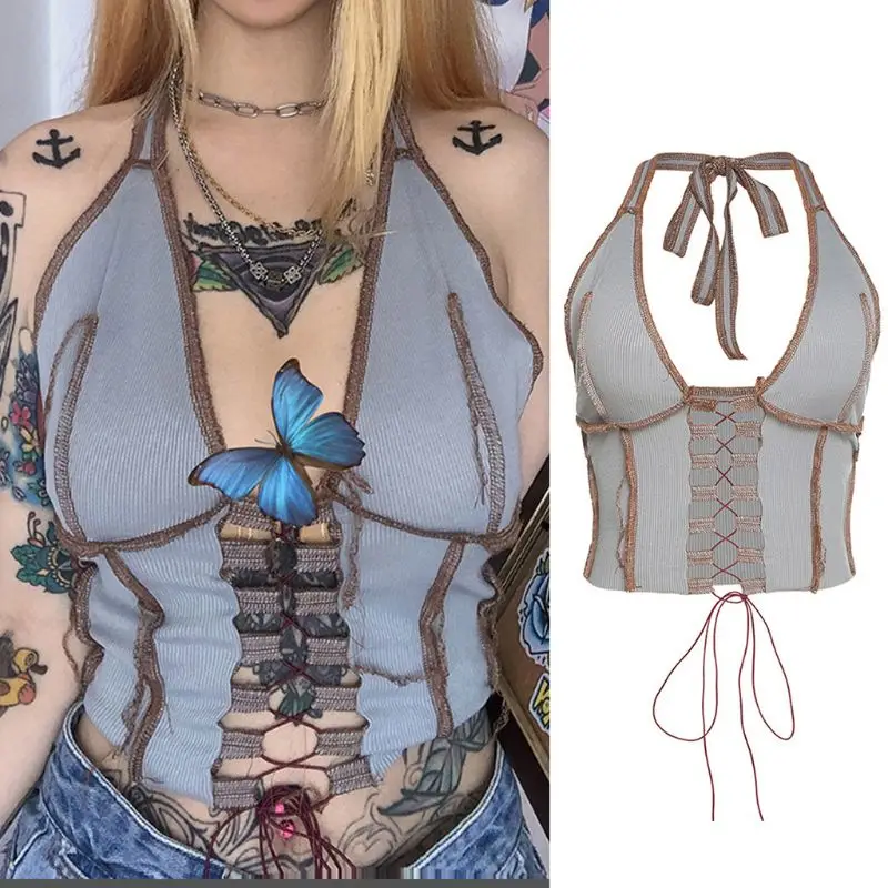 

Women Sleeveless Halter V-Neck Crop Top Sexy Hollow Out Cross Bandage Camisole Ribbed Knitted Backless Club Sling Vest