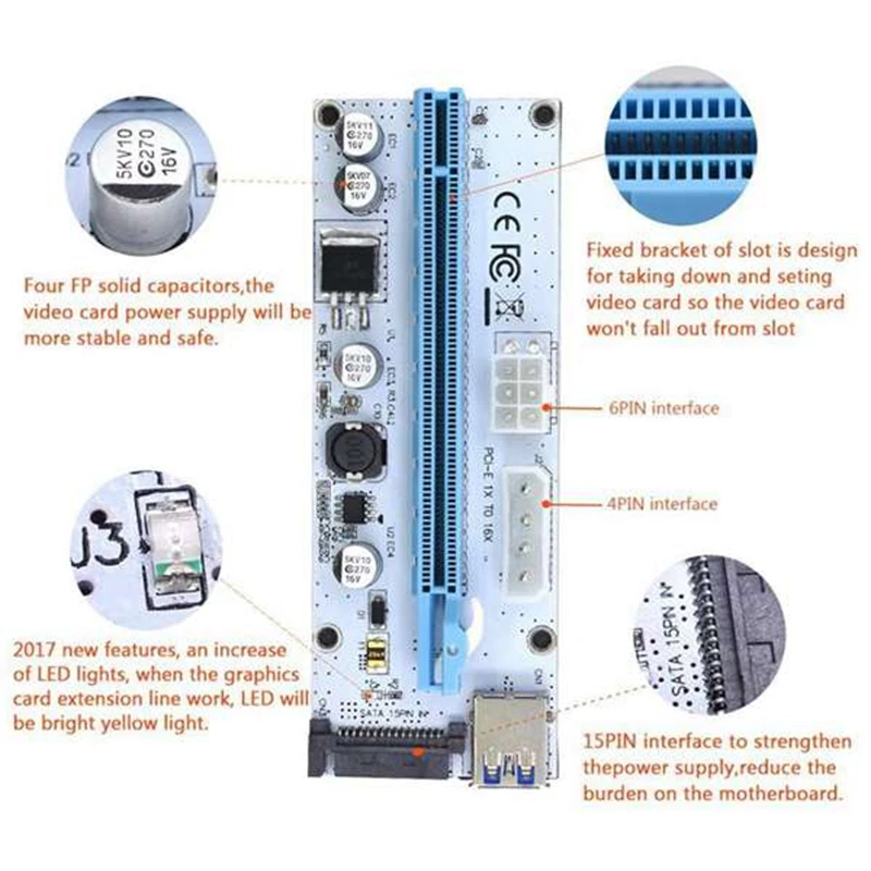

VER008S PCI-E Express Cable 1X TO 16X Image Extension Ethereum ETH Mining Powered Riser Adapter Card (6 Pack)
