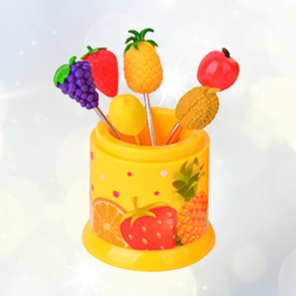 

6 pcs Creative Lovely Stainless Steel Dazzle Fruit Fork for Kitchen Party Use Red Fork Canister (Random Style Fork)