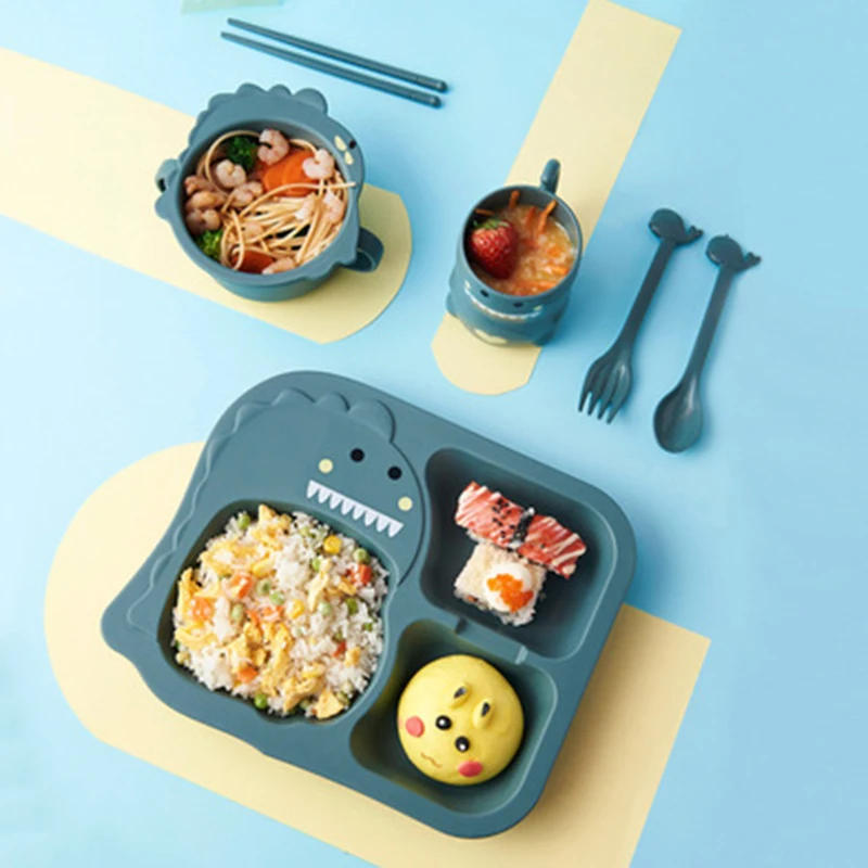 

6pcs Set Children's Tableware Baby Dinosaur Tableware children's Multi-Function Dinner Plate Cartoon Resistant Baby Bowl Cup