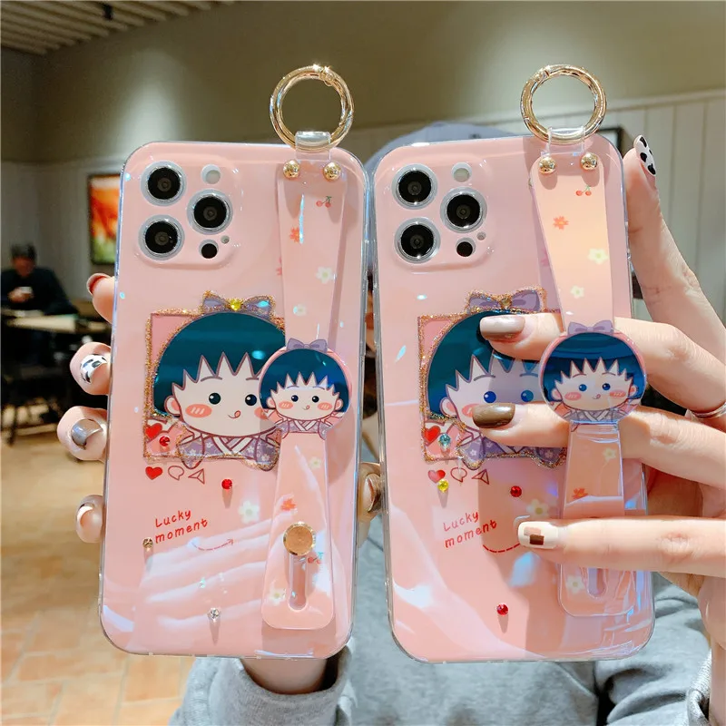 

Blu-Ray Cute Cartoon Chibi Maruko-chan Phone Case for iPhone 12 Mini 11Pro XS Max X XR 8 7 plus Wristband Soft TPU Back Cover