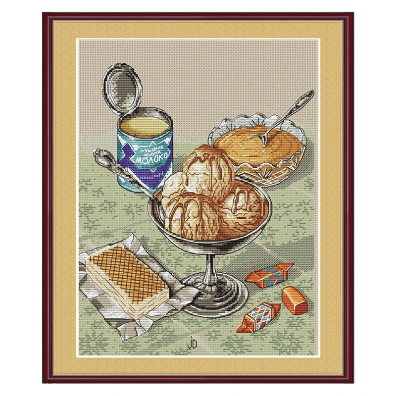

Home Restaurant Decorative Cross Stitch Cotton Set with 11CT Printed Cloth Chinese Embroidered Ice Cream and Wafer Cookies