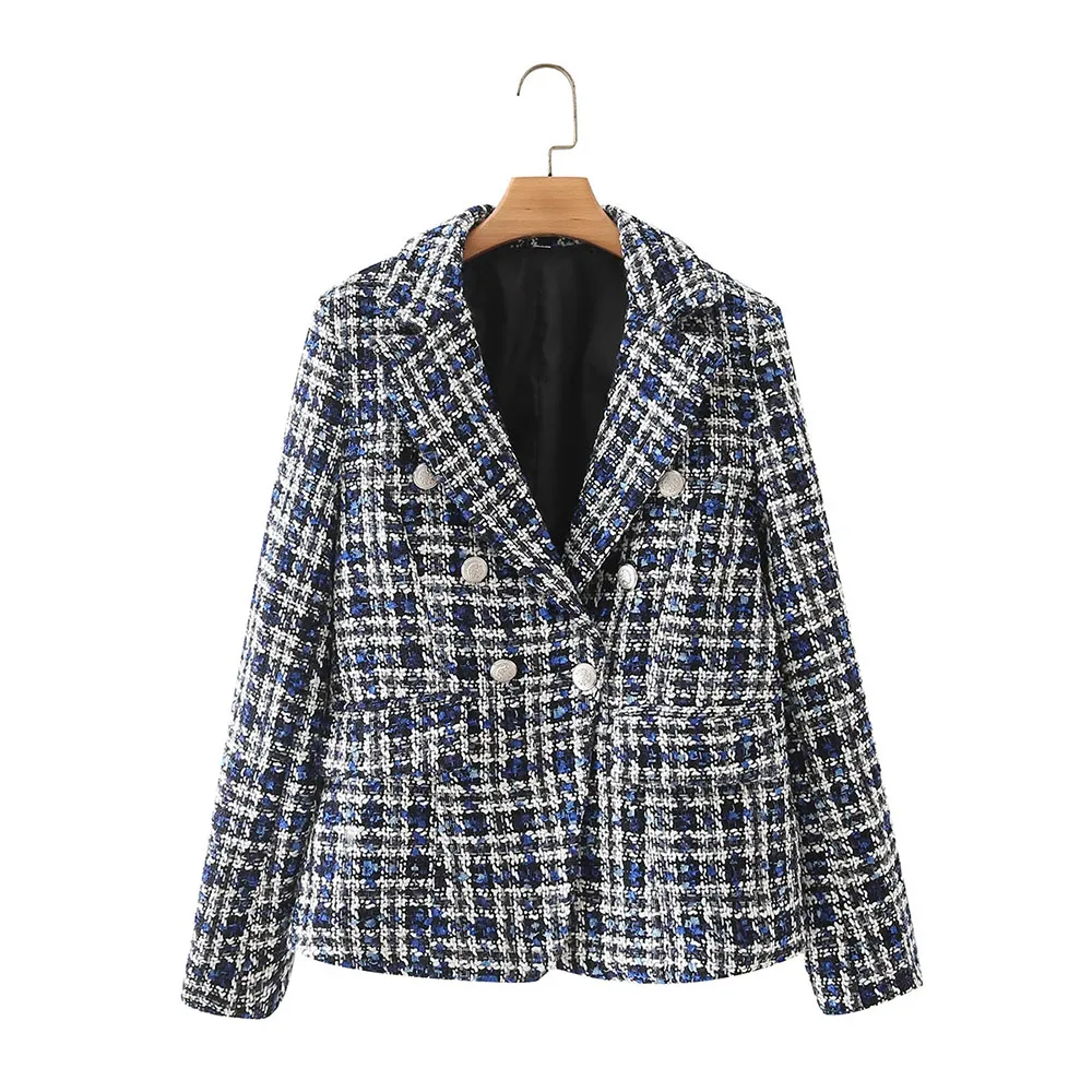 

DYLQFS 2021 Tweed Women Fashion Vintage Navy Plaid Jacket Female Fashion Office Lady Casual Notched Double Breasted Chic Top