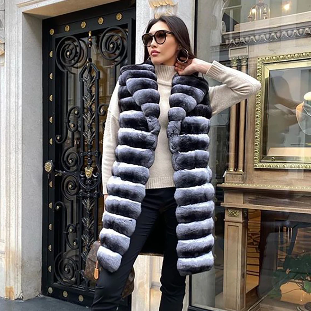 Mid-length Real Rex Rabbit Fur Coat Turn-down Collar Fashion Chinchilla Color Whole Skin Genuine Rex Rabbit Fur Vest Outwear