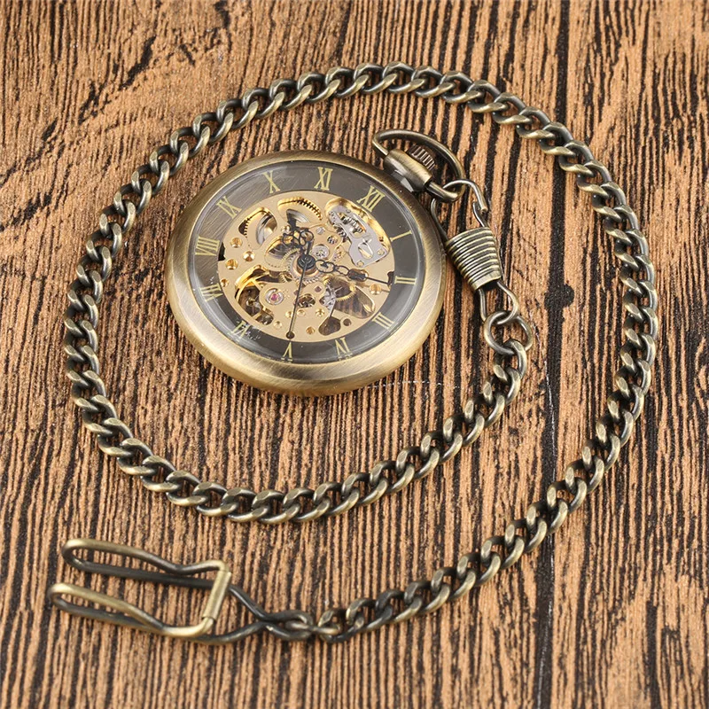 Bronze Antique Watches Men Women Mechanical Hand Winding Skeleton Pocket Watch Roman Number Fob Chain Clock Relogio De Bolso