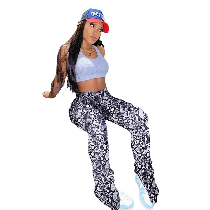 

Snakeskin Printed Pleated Slit Sport Pants Women Casual Stacked Sweatpants Slim Jogger Long Pants Lady Trousers Fitness Bottoms