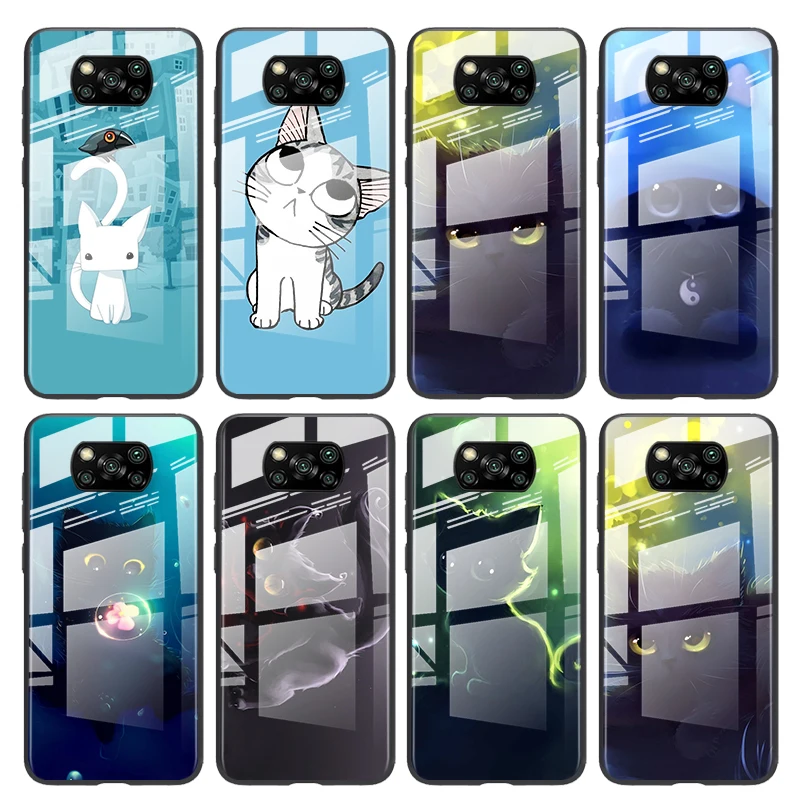 

Tempered Glass Cover Cute cat cartoon For Xiaomi POCO F3 F2 X3 NFC X2 M2 Pro Shockproof Shell Phone Case Capa