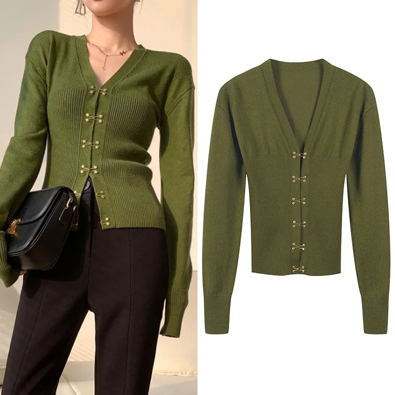 

Fashion Women Sweater Cardigan Green Knit Tops V-Neck Long Sleeve Slim Casual Harajuku Korean Elegant Lady 2021 Spring Clothes