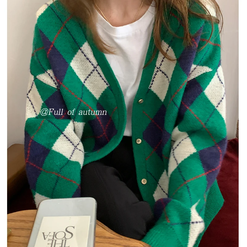 

Namou Drane 2021 College Style Contrast Color Diamond Plaid Color Matching Knitted Cardigan Loose Lazy Sweater Women's Clothing