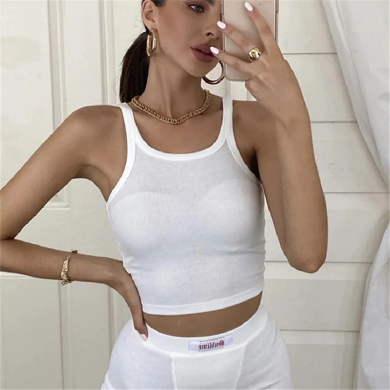 

Top With Straps With Cups Round Neck Narrow Shoulder Racer Tank Top High Waist Short Tight-Fitting Shirt Summer White Woman Shir