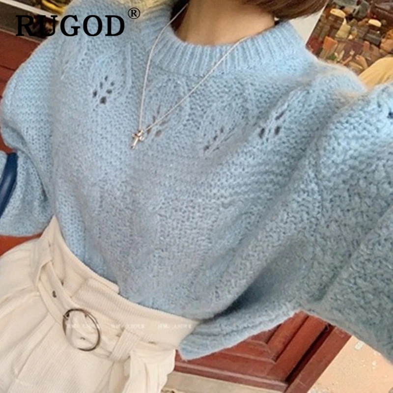 RUGOD ins Fashion knitted sweater women Vintage puff sleeve round neck pullovers female 2019 winter auturm warm knitwear | Женская