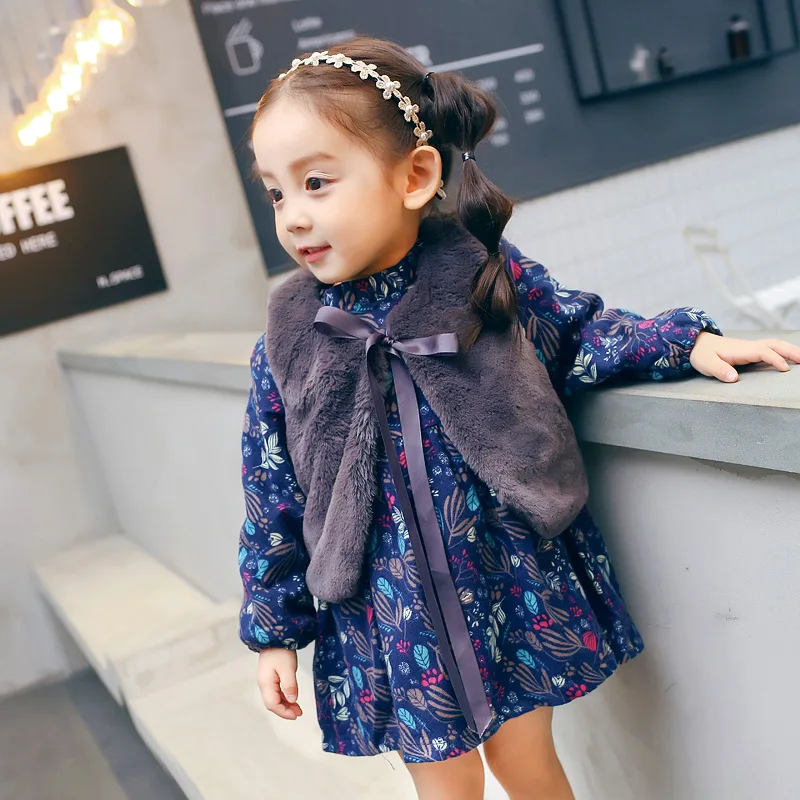 Little Girl Winter Plus Velvet Dresses + Vest 2pcs Long Sleeve Flower Princess Dress Baby Birthday Costume Kids Clothing | Детская