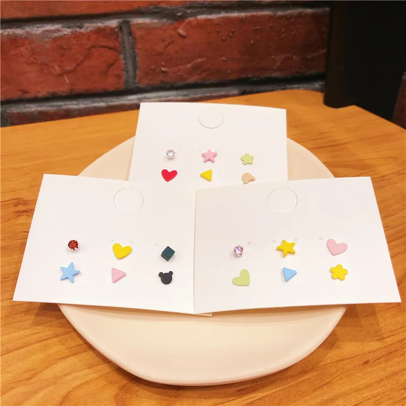

6Pcs/set Colored Stars Moon Flower Earrings Girl Children 925 Sterling Silver Needle Cute Animal Bear Geometric Earrings Jewelry