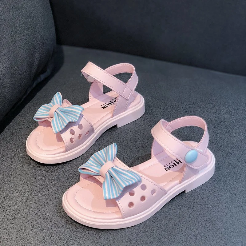 

Children's Color Stripe Bowknot Sandals 2021 New Summer Girls PU Princess Beach Shoes Flat Kids Students Pupil Sandalias