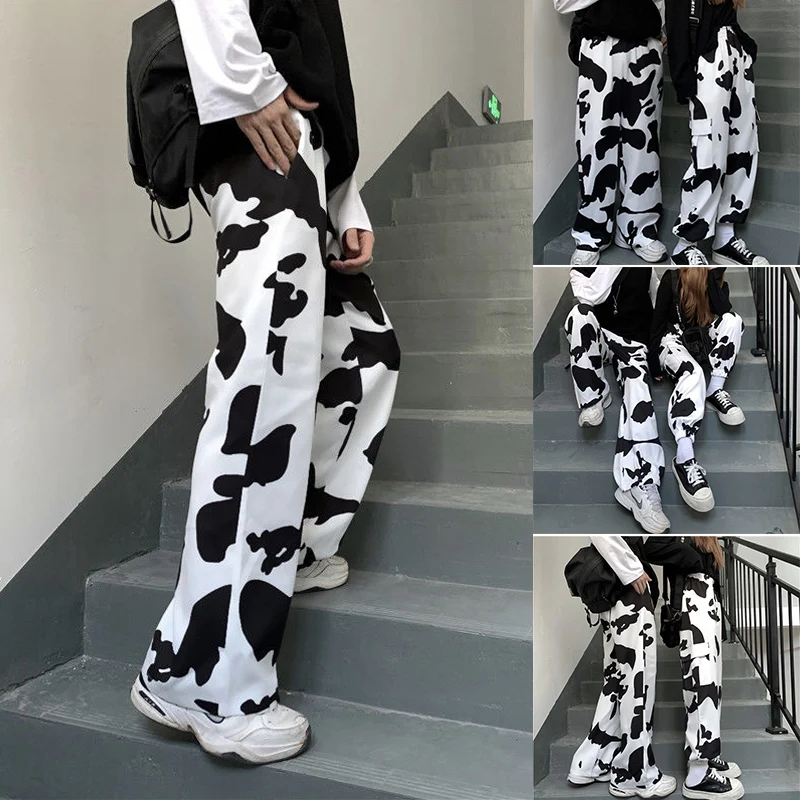 

Unisex Retro-Style Straight Wide Leg Trousers Cow Print Trousers Overalls For 2021 New Fashion H9