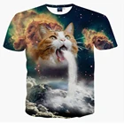 Футболка мужская с 3D котенком солнечной батареи, водопад на землю, с коротким рукавом, яркая футболка с 3d котом, галактика, туманность, космос
