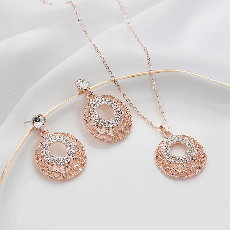 

TSHOU427 new Simple zircon round jewelry set pink and white crystal circle necklace earring set Gift Link For Buyer