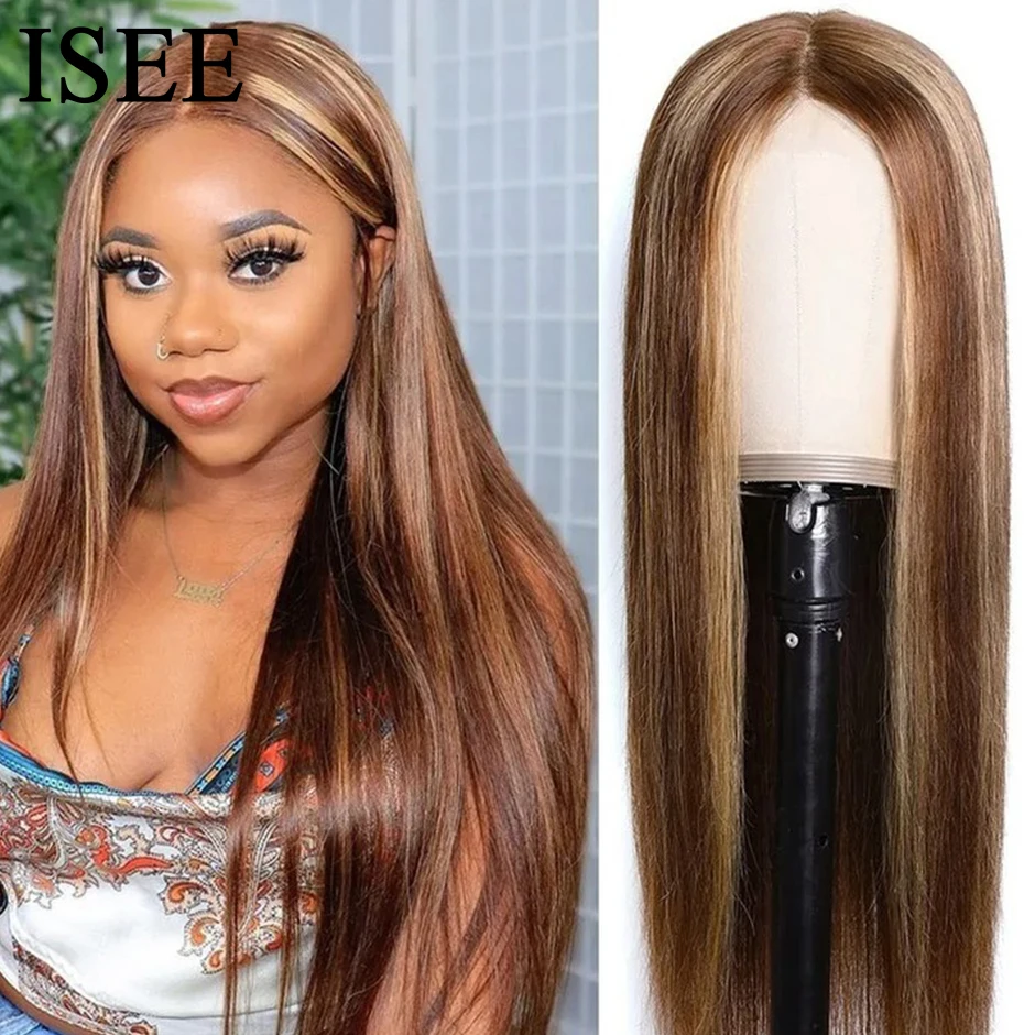 

ISEE HAIR Malaysian Straight Highlight Wig Human Hair 4/27 Ombre Color Hair 4x4 Lace Closure Human Hair Wigs Straight Lace Wigs