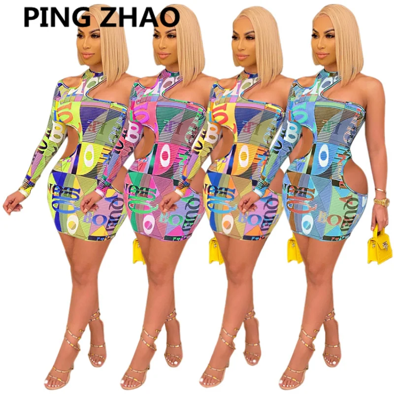 

PING ZHAO Women Mini Dress Tie Dye Print One Shoulder Full Sleeve Skew Collar Hollow Out Elastic Bodycon Dresses Sexy Night Out