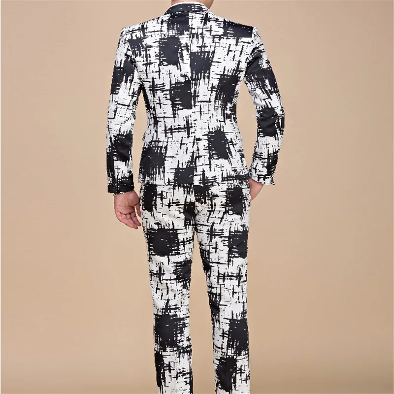 Мужской костюм с чернильным принтом комплект блейзером черно-белая приталенная