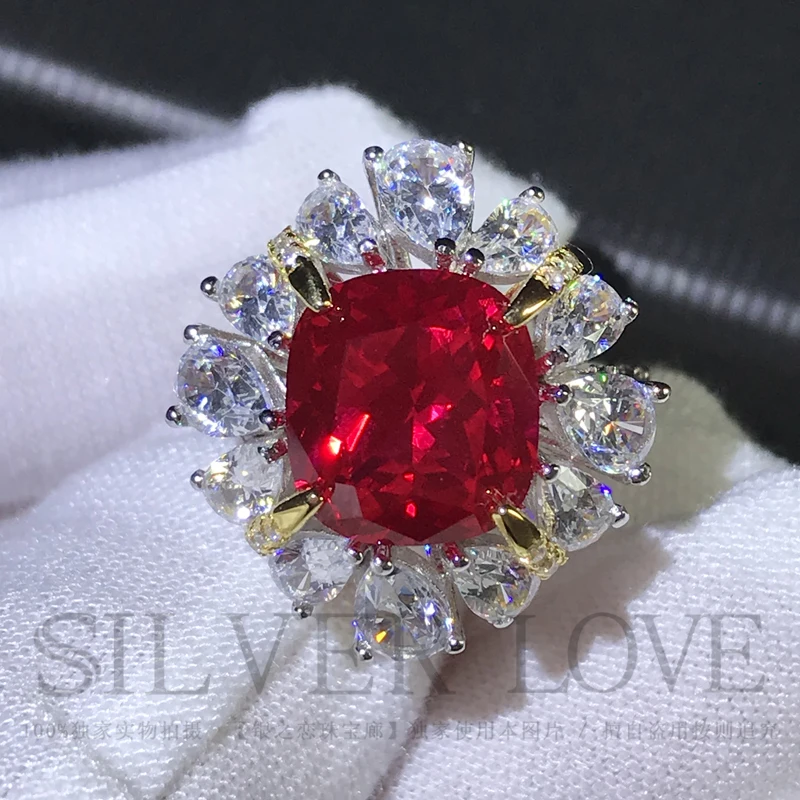 

Gao Ding Seiko Sterling Silver Luxury Water Drop Fully-Inlaid Simulation Ruby Pillow Ring Luxury Temperament Big Diamond Ring Wo