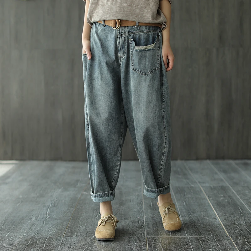 

Summer Jeans Women Elastic Waist Loose Retro All-match Denim Pants 2021 New Casual Female Bleached Sashes Lantern Trousers