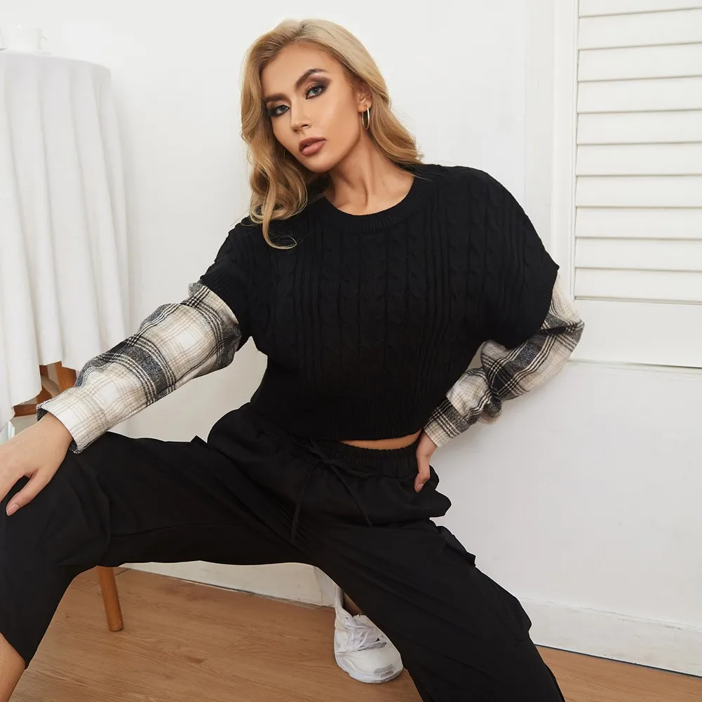 

GK Women's Sweaters Women Knitted Sweater Twin Set Sweater Long Sleeve Crew Neck Patchwork Cropped Tops Knitted Sweater Pullover