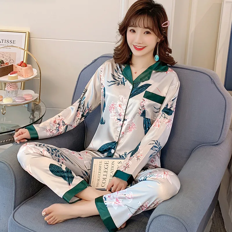 Комплект из 2 предметов женская пижама искусственный шелк принт отложной
