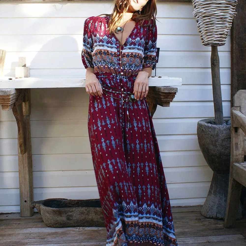 

New Bohemian Printing Long Dress Women Maxi Long Dress Floral Print Retro Hippie Vestidos Chic Brand Clothing Boho Dress